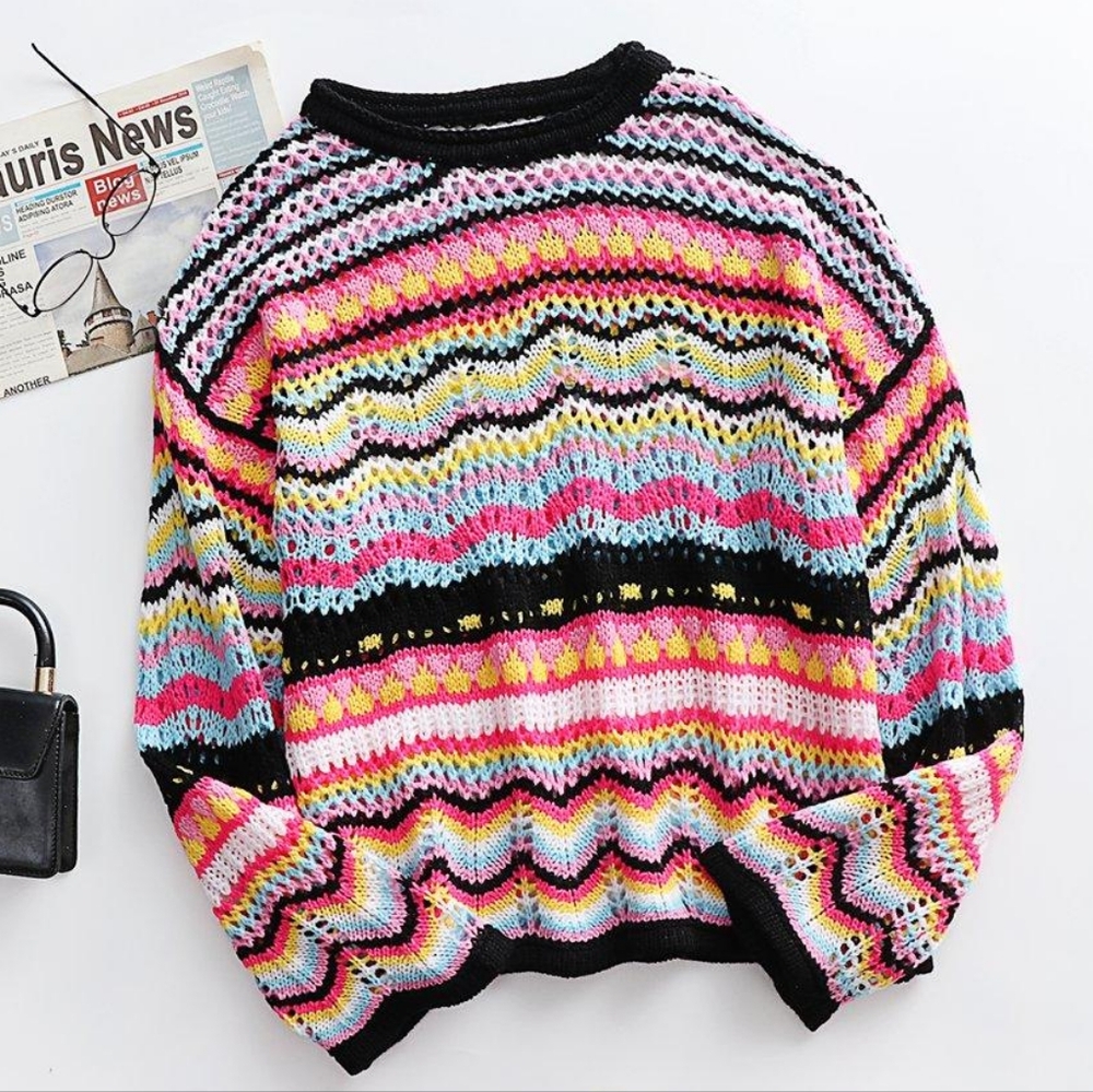 Cider Striped Loose Whimsigoth Style Bellsleeve Pullover Airy Sweater Medium - Picture 2 of 11